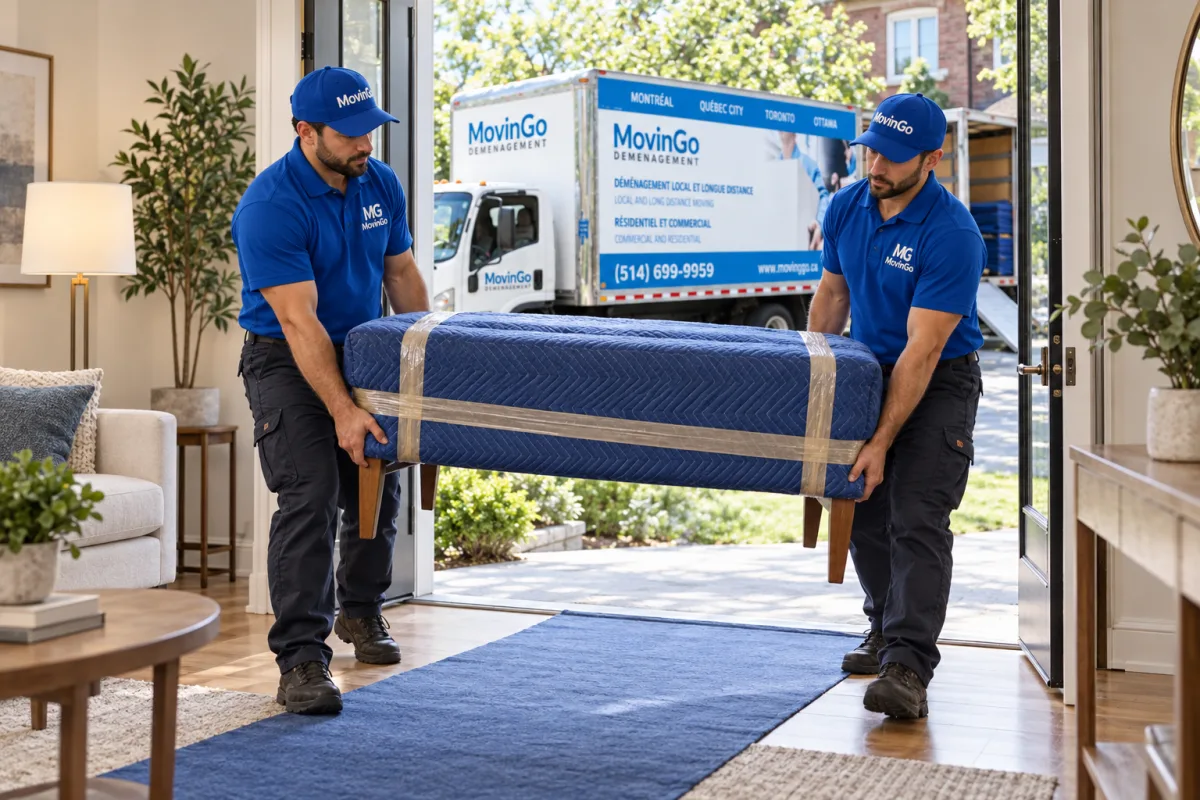 Illustration of two MovinGo movers carrying a blanket-protected bench through a clear apartment entrance