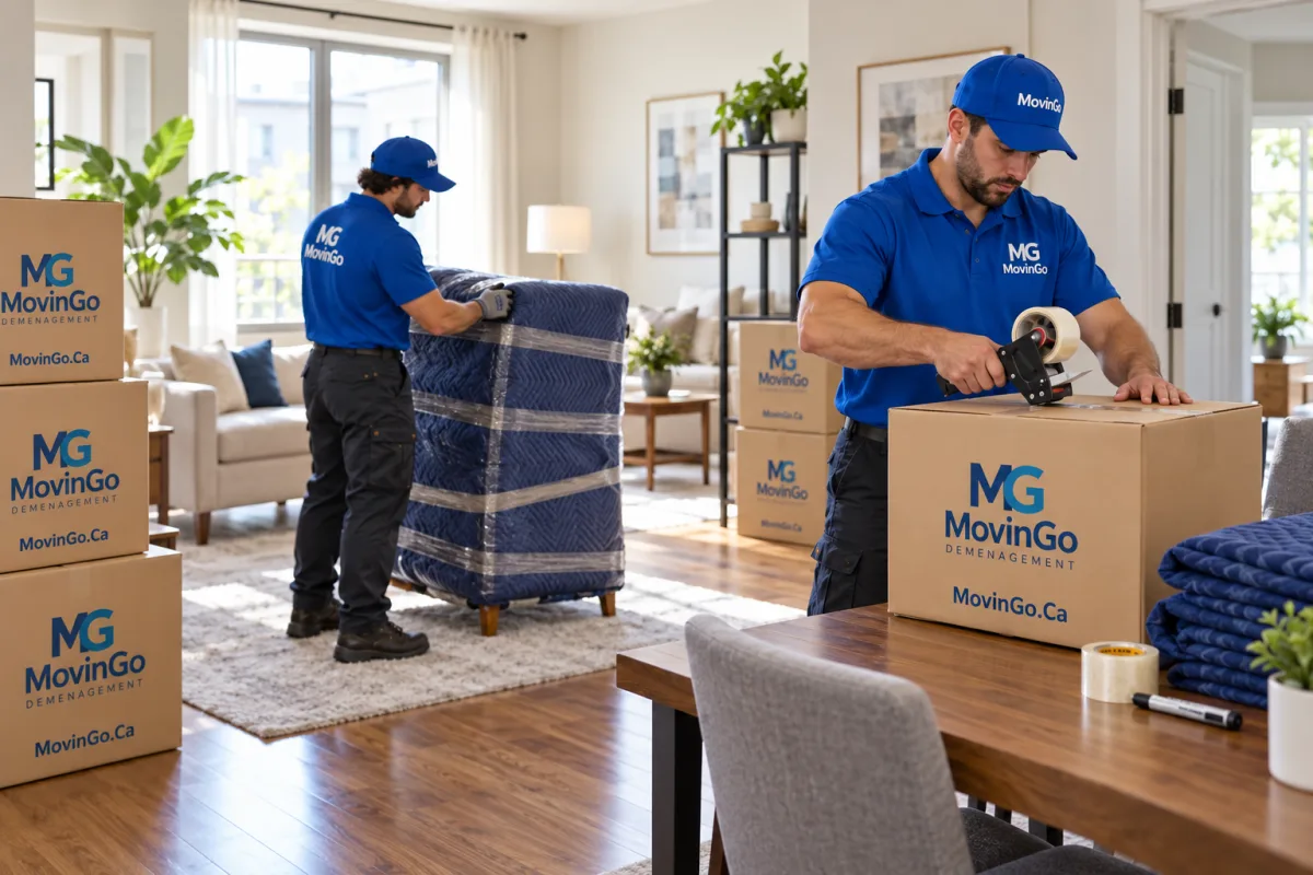 Illustration of MovinGo movers preparing sealed boxes and blanket-protected furniture inside an apartment