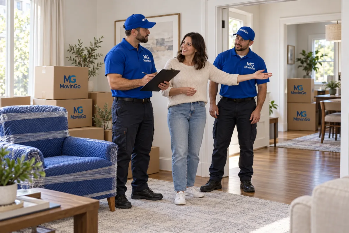Illustration of a female homeowner and MovinGo movers reviewing boxes, protected furniture and apartment access
