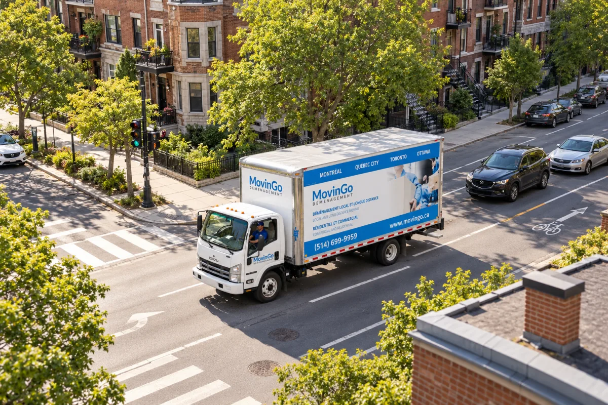 Generated aerial illustration of a branded MovinGo truck travelling along a Montreal neighbourhood street