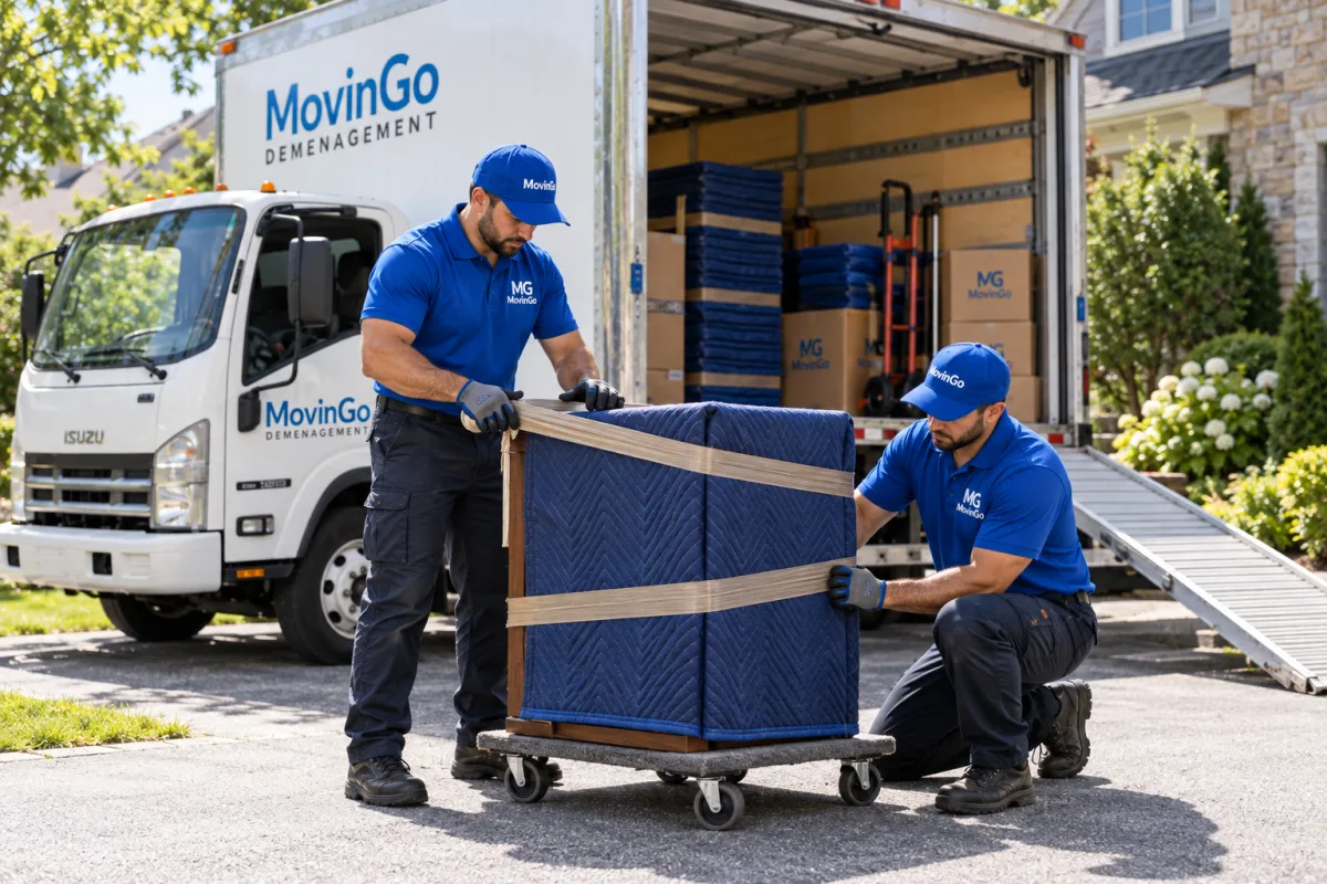 Illustration of two MovinGo movers securing protective blankets around a cabinet on a furniture dolly