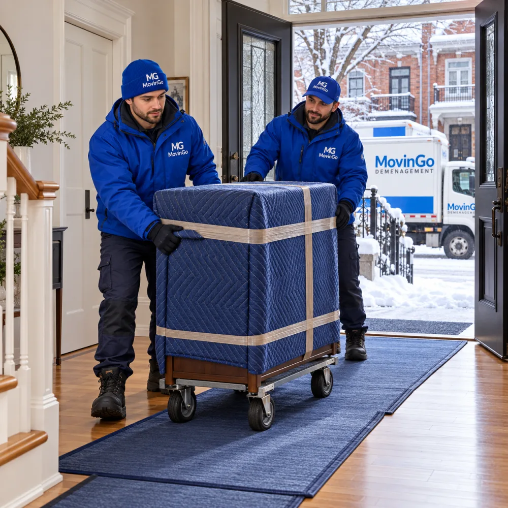 Illustration générée de déménageurs MovinGo en vêtements d’hiver guidant un meuble protégé sur un tapis fixé dans une entrée sèche, avec de la neige dehors