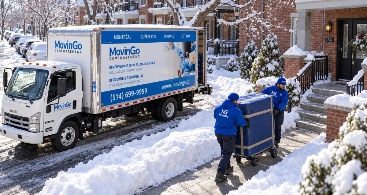 Illustration générée, vue de drone, du camion MovinGo et de déménageurs en vêtements d’hiver près d’une maison montréalaise et d’un passage déneigé