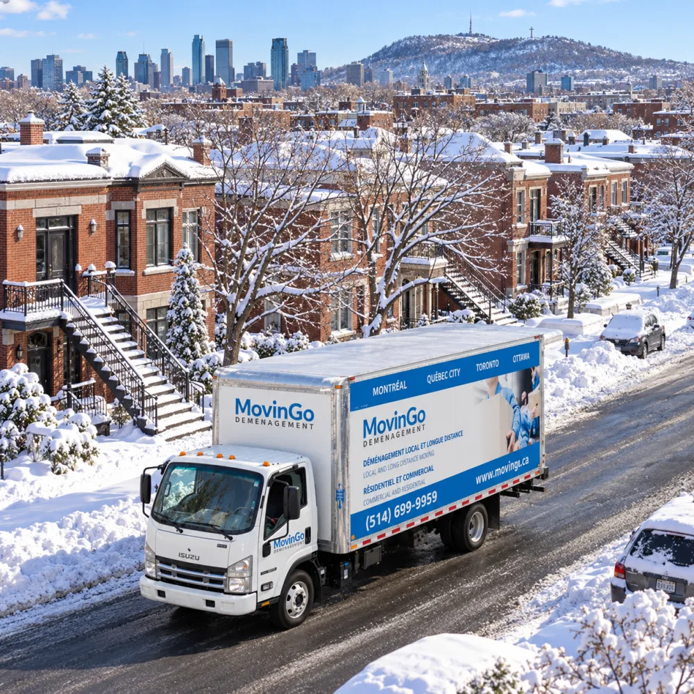 Illustration aérienne générée du camion de marque MovinGo circulant sur une rue montréalaise déneigée entre des maisons couvertes de neige