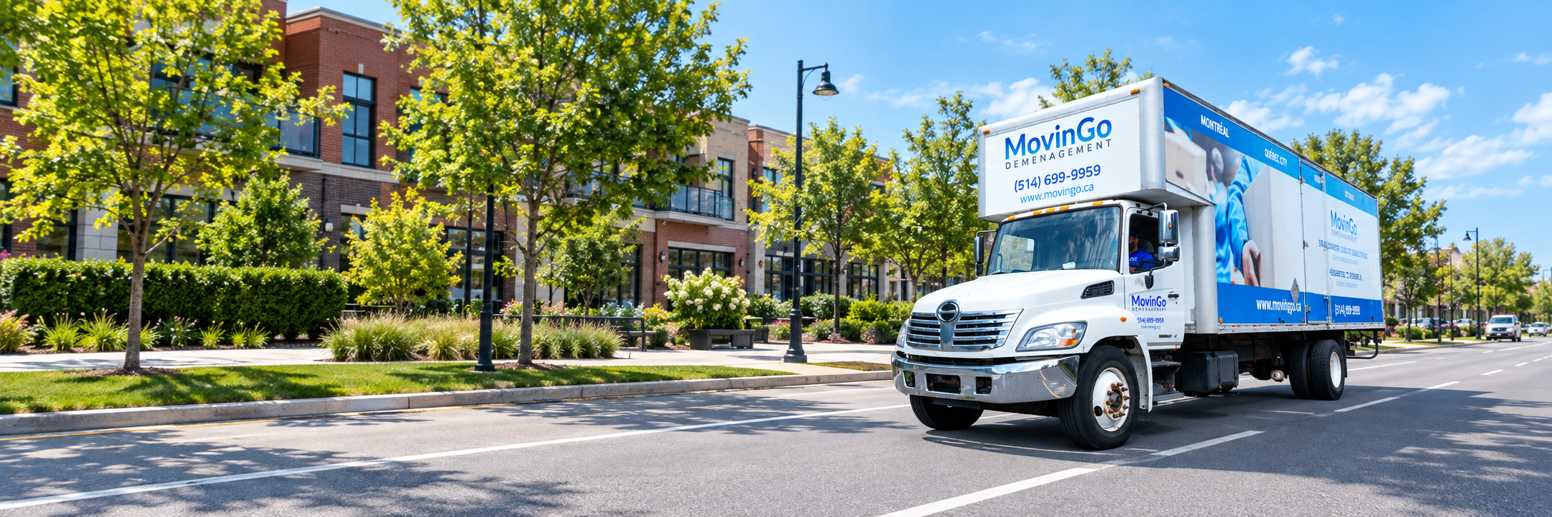 Camion de déménagement MovinGo dans un décor urbain retouché pour la page de Laval