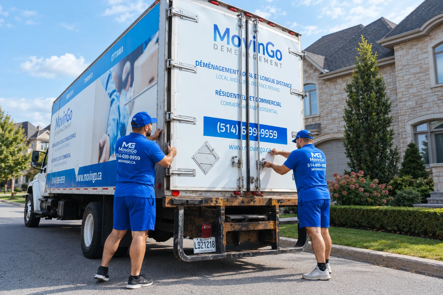 Deux déménageurs MovinGo fermant les portes arrière d’un camion près d’une maison
