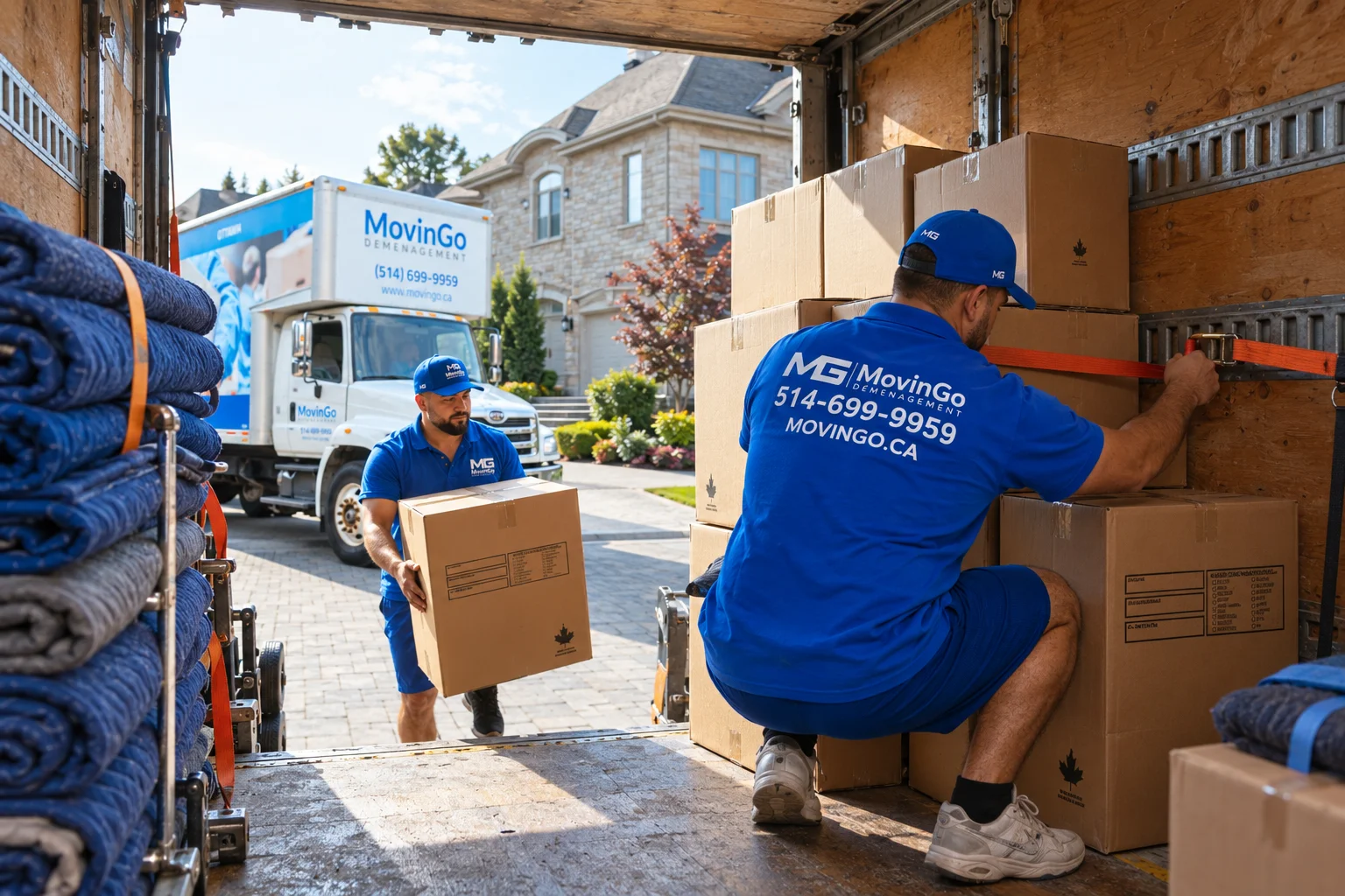 Déménageur MovinGo fixant des cartons empilés avec une sangle dans le camion