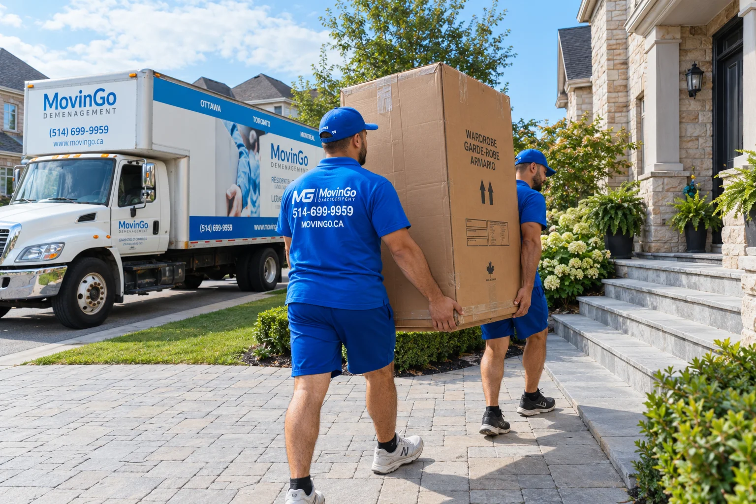 Deux déménageurs MovinGo transportant une boîte garde-robe vers l’entrée d’une maison