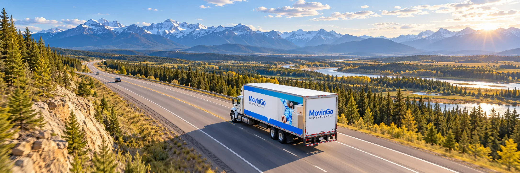 Illustration générée : Illustration aérienne générée d’un camion MovinGo roulant vers l’ouest sur une autoroute des Prairies vers les contreforts albertains