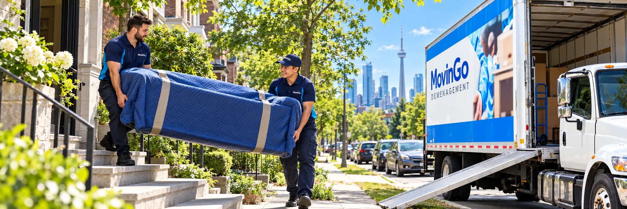 Illustration générée de déménageurs MovinGo protégeant un sofa dans une maison à Toronto avant le chargement