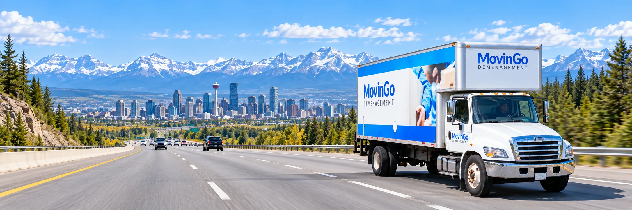 Illustration d’un camion MovinGo roulant vers Calgary et les Rocheuses