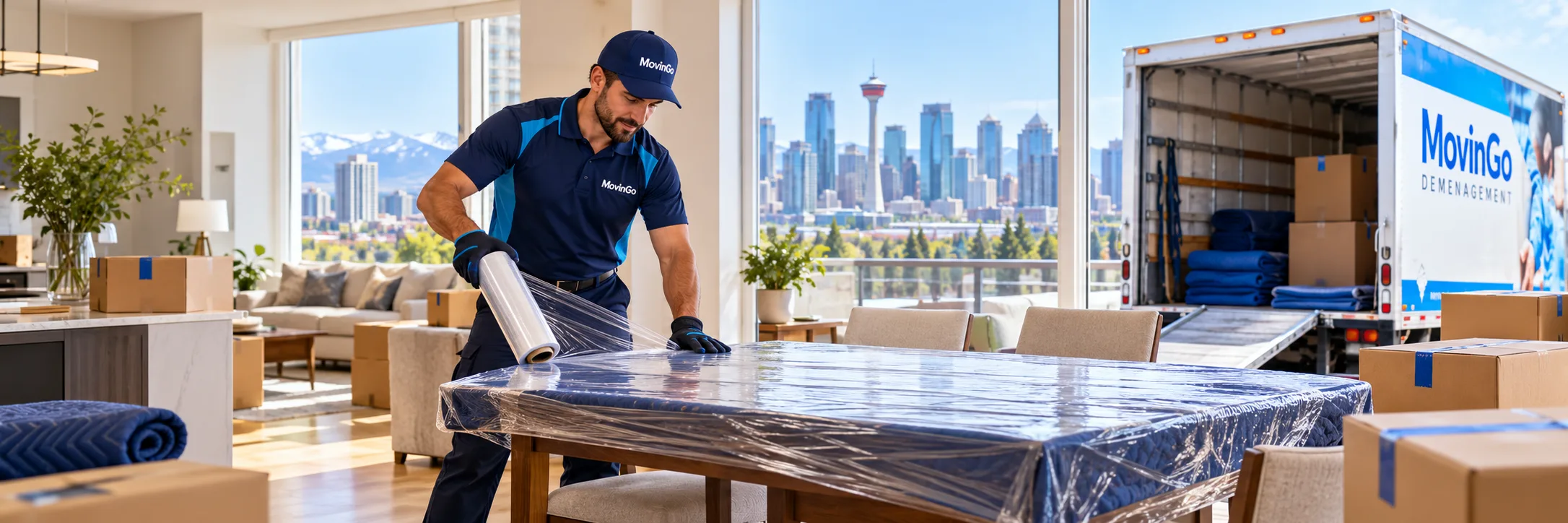 Illustration générée : Déménageur MovinGo en uniforme protégeant une table de salle à manger dans une résidence à Calgary