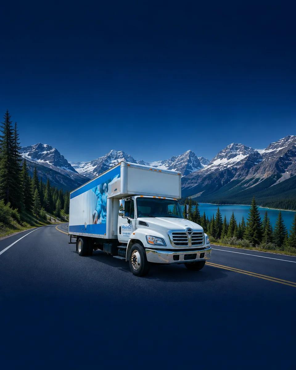 Camion officiel MovinGo sur une route longue distance au Canada