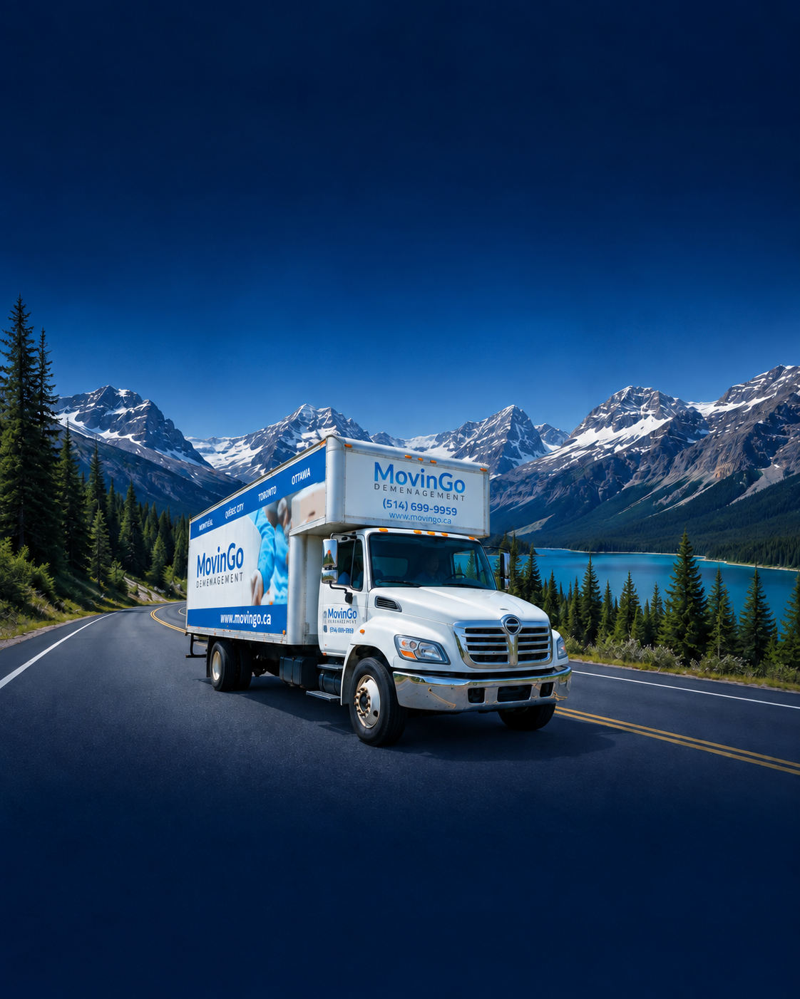 Camion officiel MovinGo sur une route longue distance au Canada