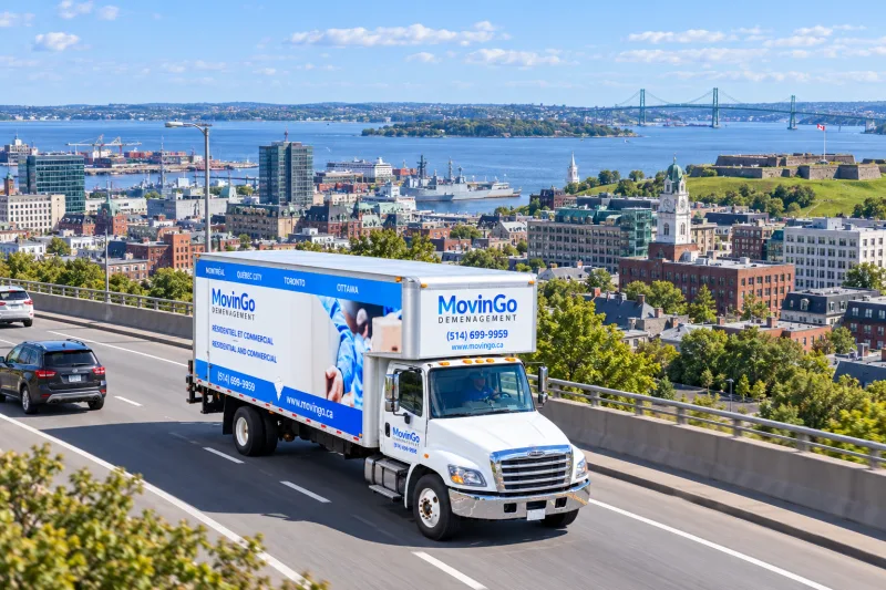Generated drone-style illustration of a branded MovinGo truck on a Halifax approach road with the harbour in the distance