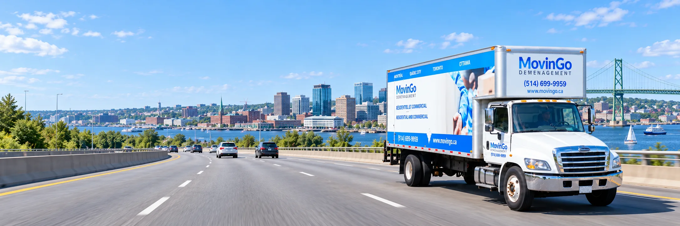 Generated illustration of a branded MovinGo truck on a road with Halifax harbour and a bridge in the background