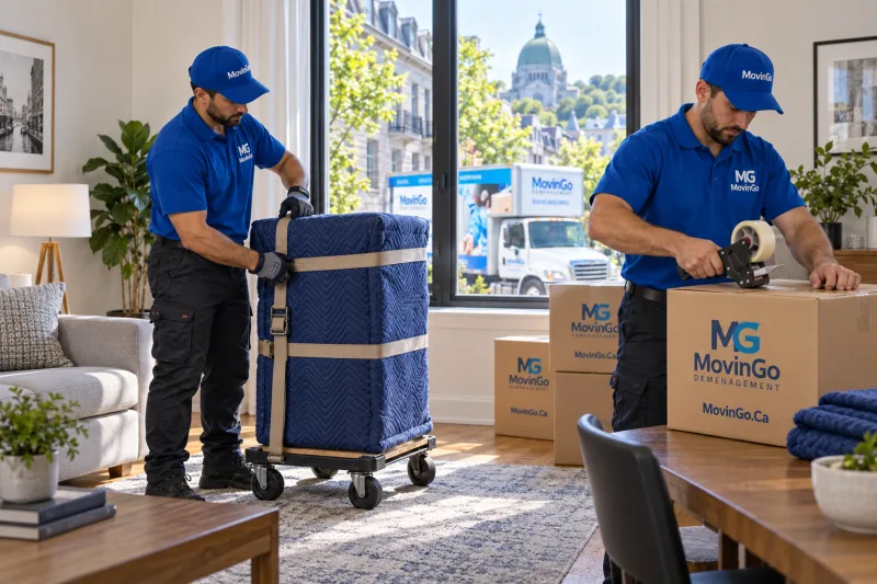 Generated illustration of two MovinGo movers preparing a protected cabinet and branded box before long-distance transport