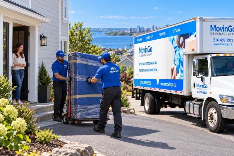 Generated illustration of MovinGo movers with a protected cabinet beside a Halifax home and branded truck