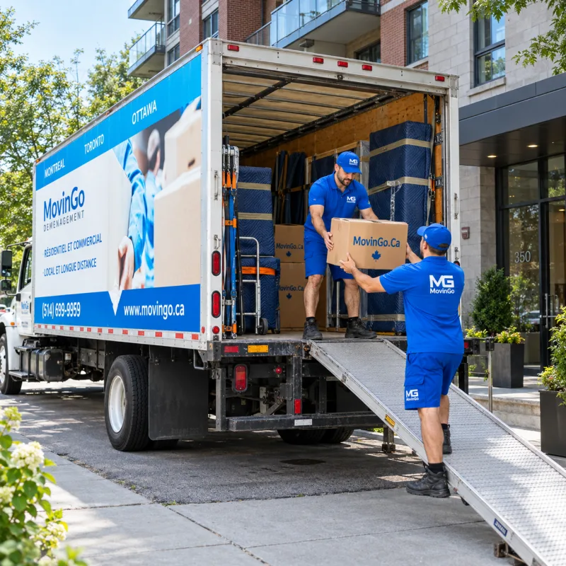 Deux déménageurs MovinGo se passant une boîte près de la rampe d’un camion contenant des meubles protégés
