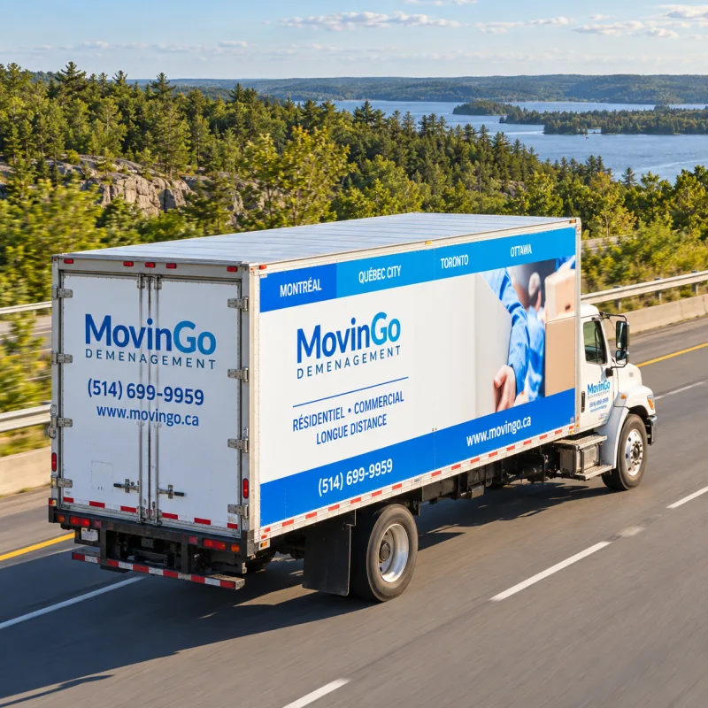 Camion de déménagement MovinGo sur une autoroute près d’une forêt et d’un lac