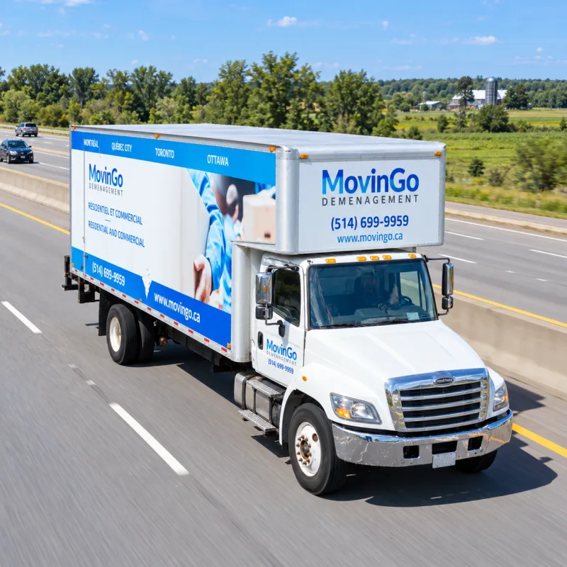 Vue avant et latérale d’un camion MovinGo circulant sur une autoroute à chaussées séparées