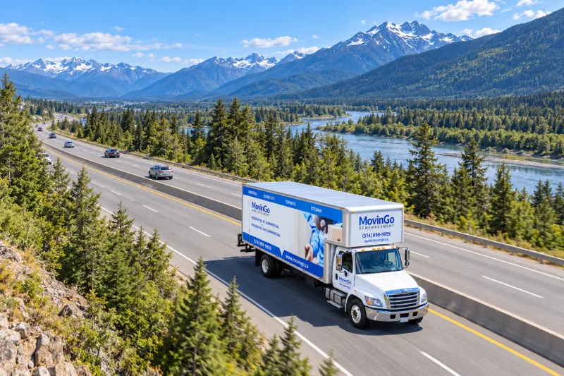 Generated aerial illustration of a branded MovinGo truck on a forested British Columbia road with distant mountains