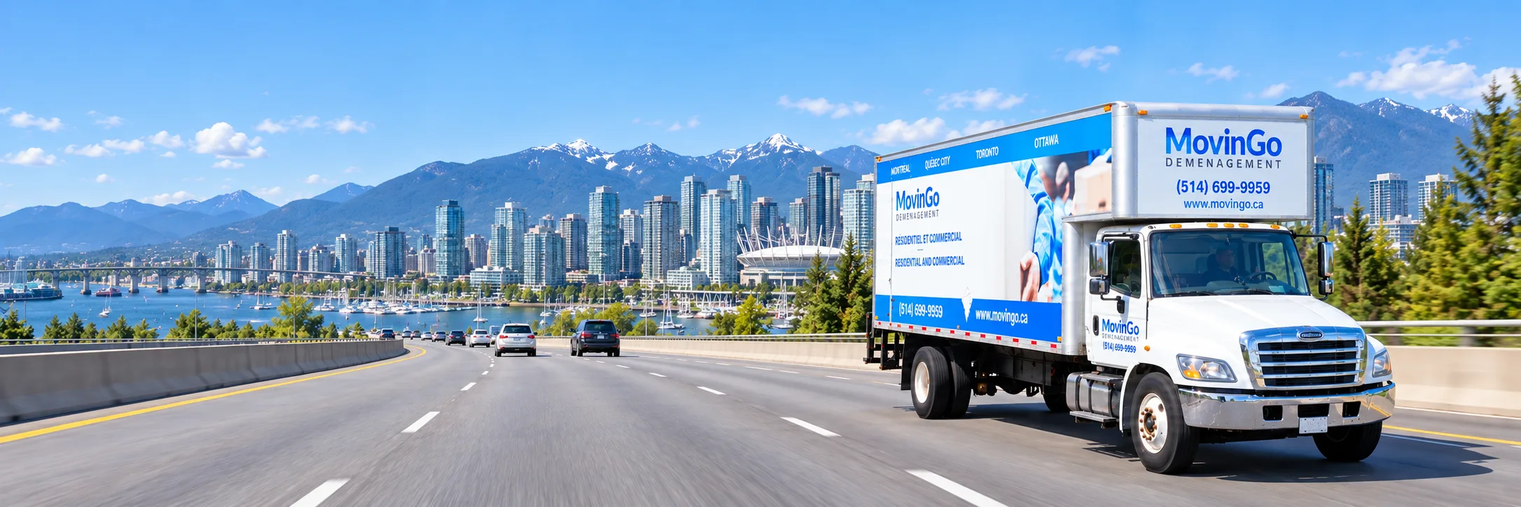 Generated illustration of a branded MovinGo truck on a road with Vancouver harbour, skyline and mountains behind it