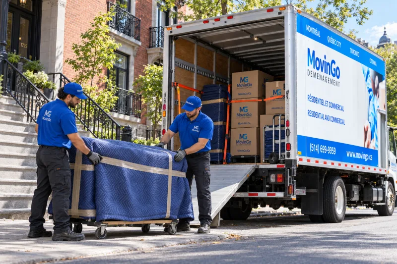 Generated illustration of MovinGo movers checking a blanket-protected sofa beside an open truck in Montreal