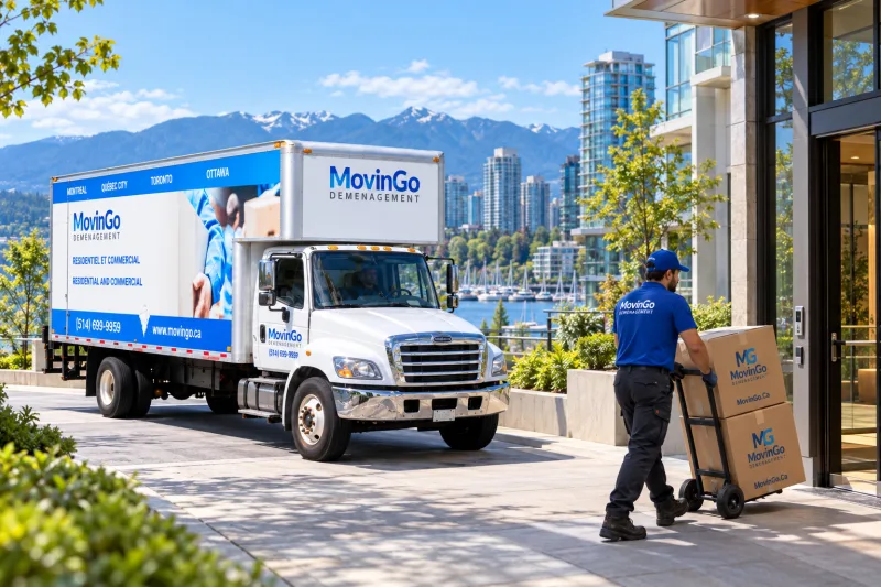 Generated illustration of a MovinGo mover with branded boxes at a modern Vancouver building loading entrance