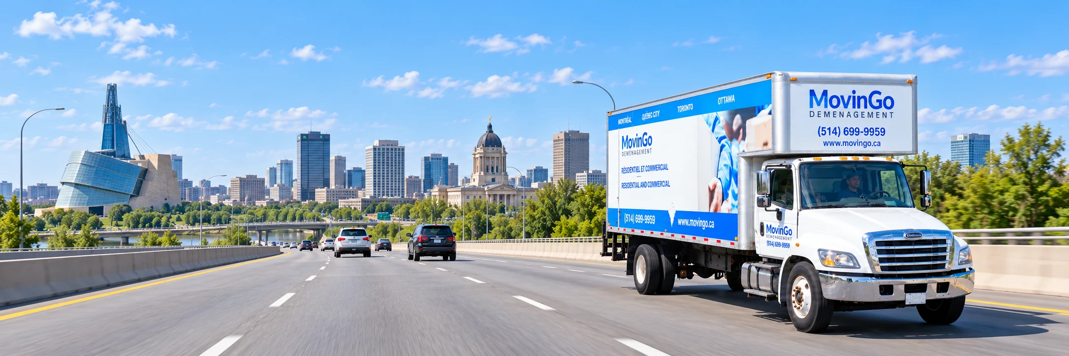 Illustrative MovinGo branded truck on a road with Winnipeg’s skyline and the Canadian Museum for Human Rights in the background