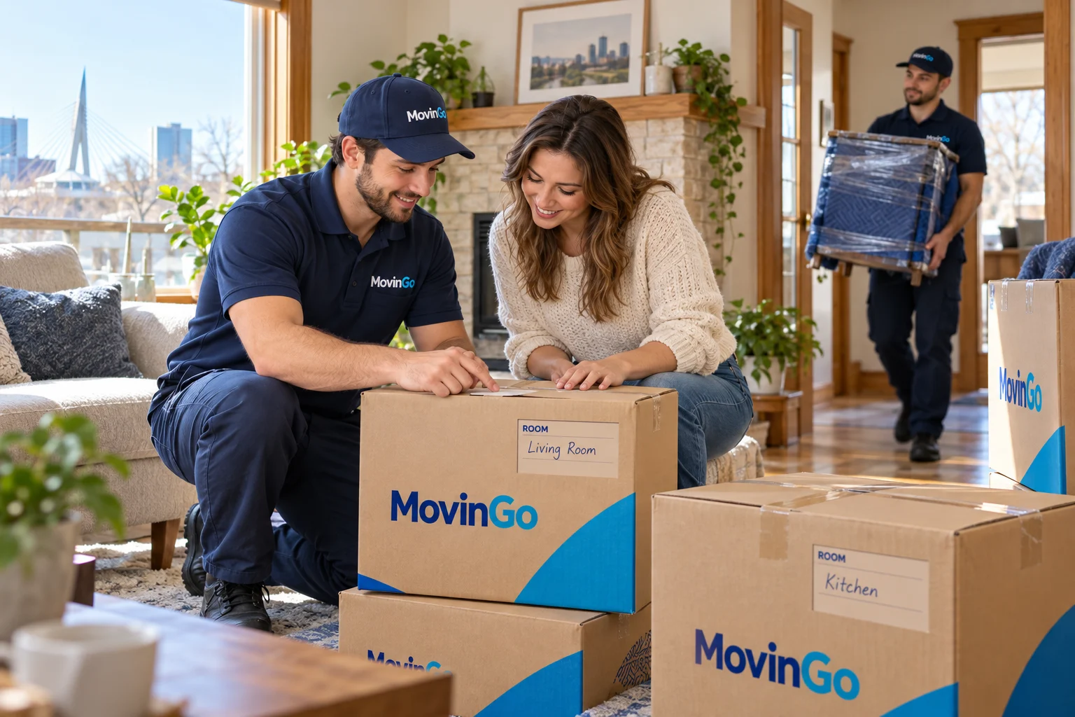 Illustrative Winnipeg home arrival with MovinGo movers, a homeowner, labelled cartons and protected furniture