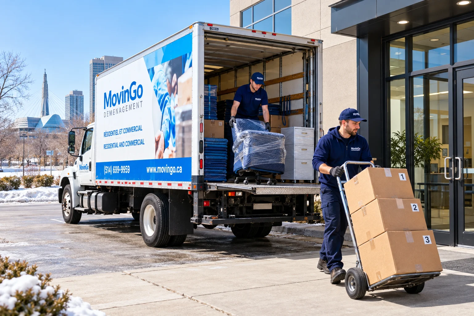 Illustrative MovinGo office delivery in Winnipeg with a branded truck, uniformed movers and protected furniture