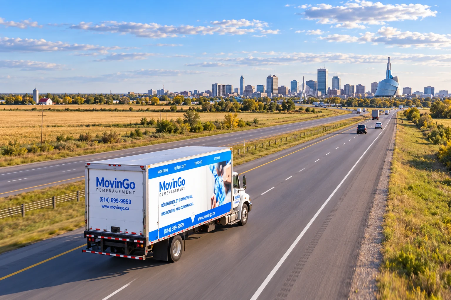 Illustrative aerial view of a branded MovinGo truck on a flat Manitoba prairie highway with fields and Winnipeg in the distance