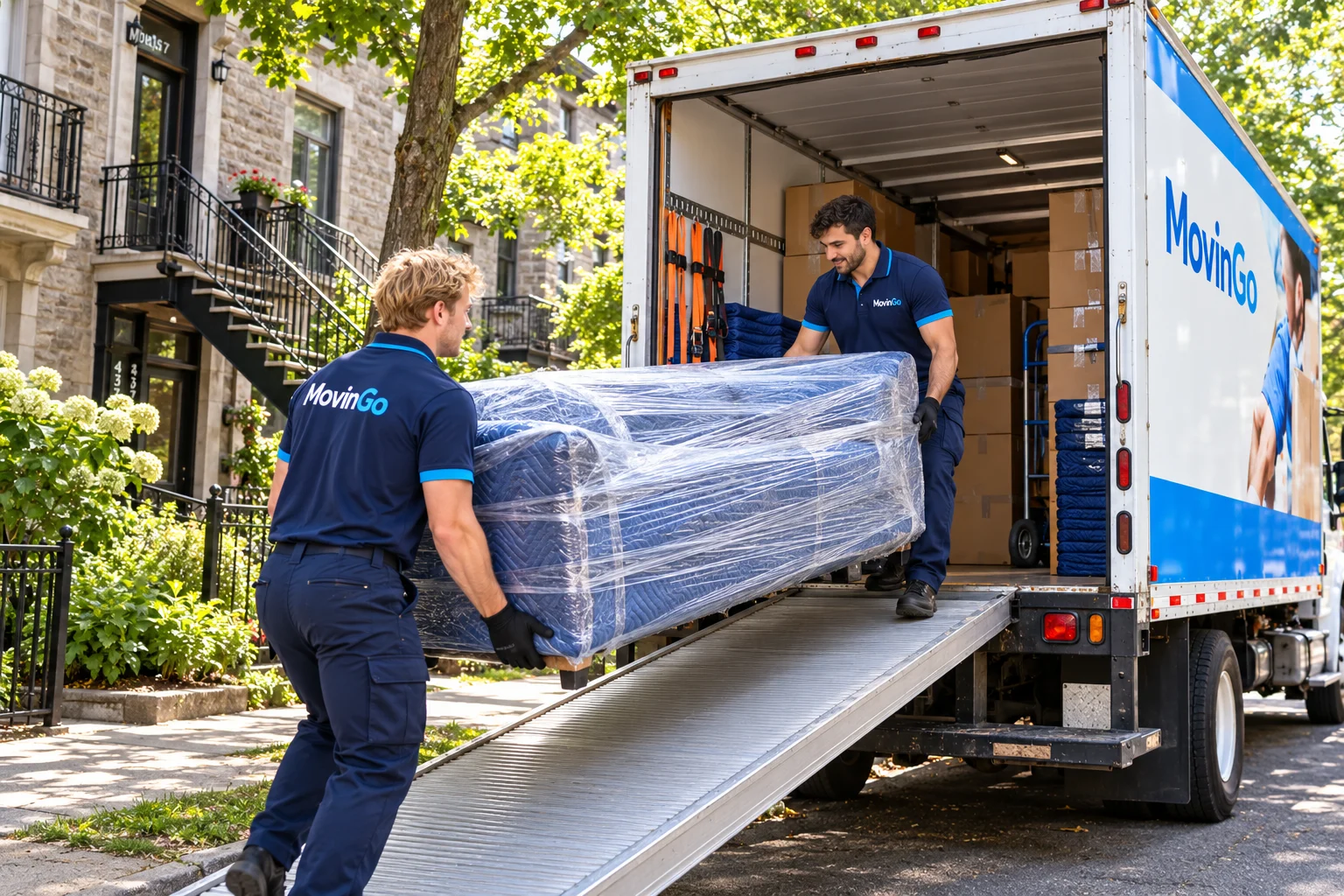 Illustrative image of uniformed MovinGo movers carrying a blanket-protected sofa toward a branded truck outside a Montreal duplex