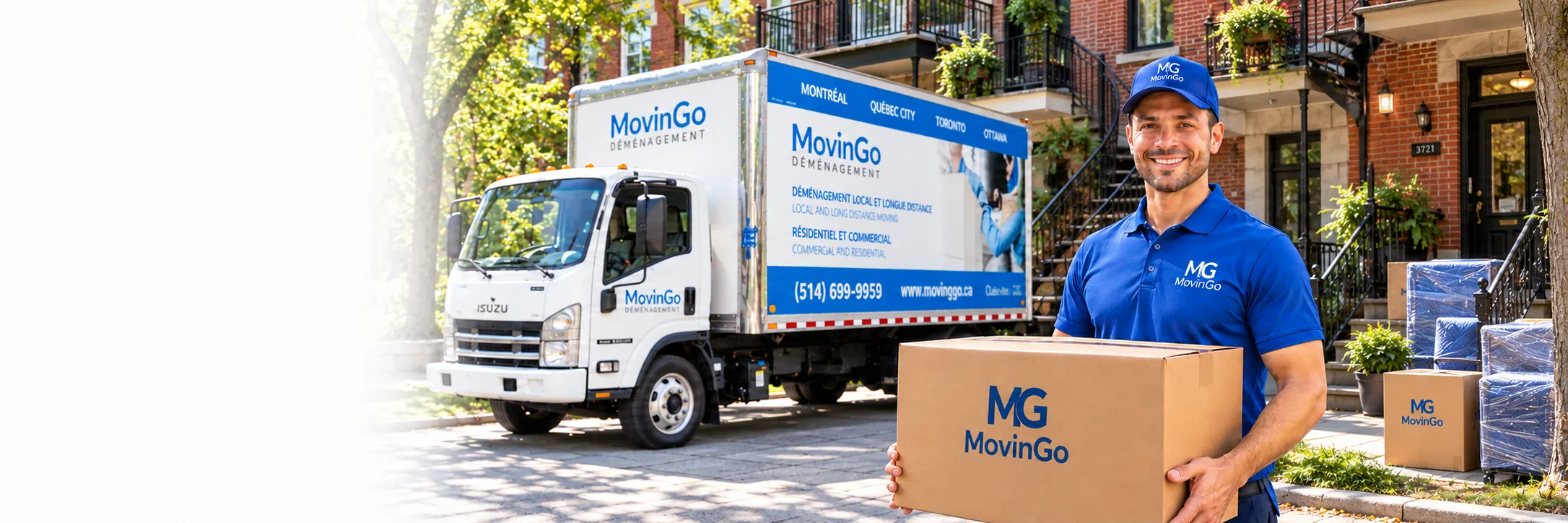 Image illustrative d’un déménageur MovinGo portant une boîte MG MovinGo près du camion de la marque et d’appartements montréalais