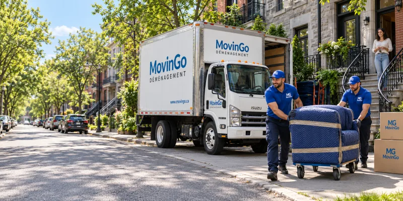 Scène illustrative d’un déménagement d’appartement montréalais avec équipe, meubles protégés et camion MovinGo
