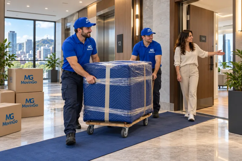 Scène illustrative de livraison en condo avec équipe MovinGo et meuble protégé dans un hall d’ascenseur