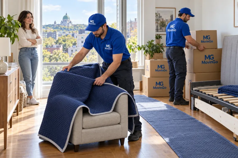 Scène illustrative de déménageurs MovinGo protégeant un fauteuil et préparant des boîtes dans un appartement