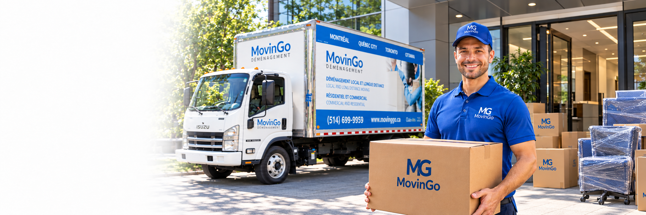 Edited image of a MovinGo mover carrying a branded box outside an office building with a company truck and protected office furniture