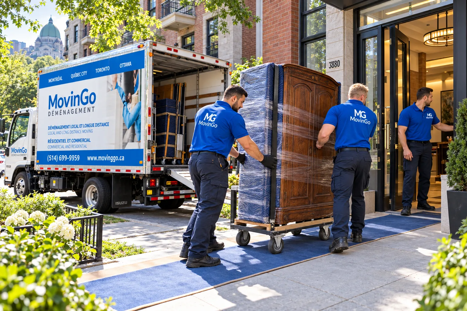 Illustrative image of MovinGo movers guiding a protected bulky armoire on a furniture dolly along a level Montreal building entrance, with the branded truck nearby