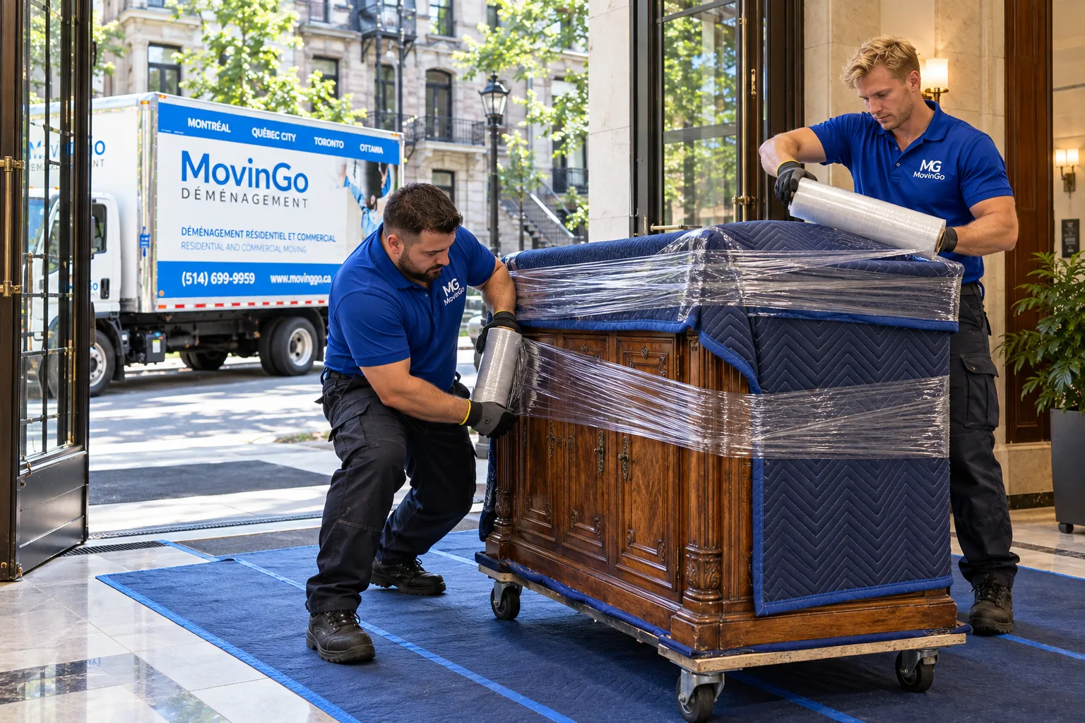 Illustrative image of two uniformed MovinGo movers protecting a wooden cabinet with moving blankets and stretch wrap, with a branded truck outside
