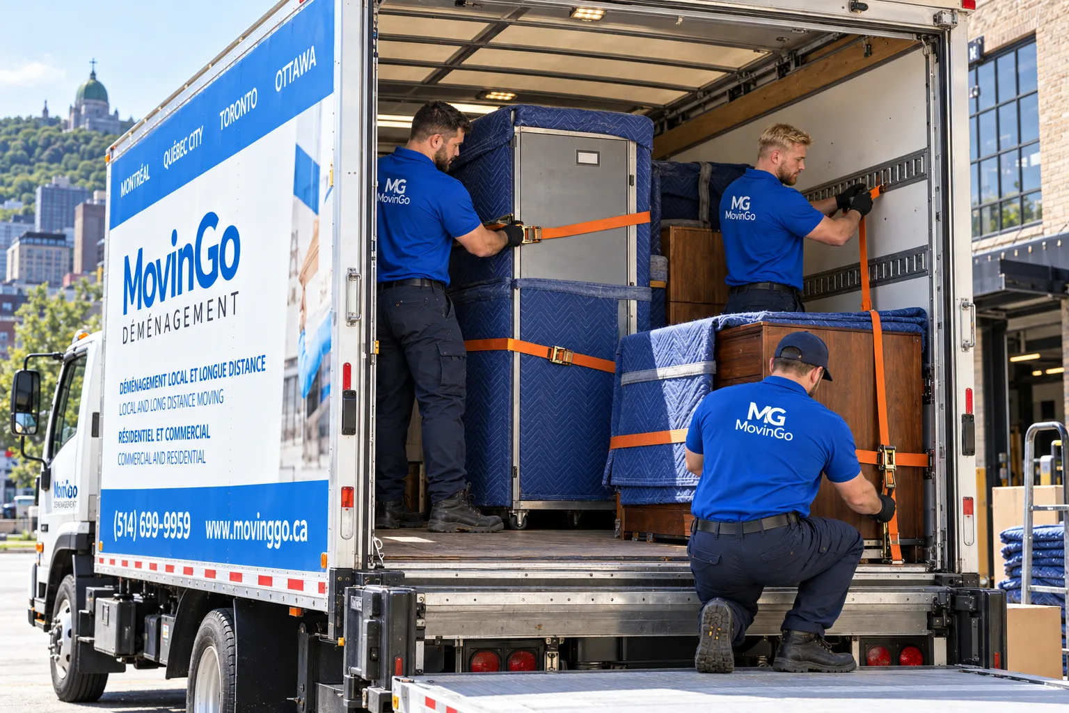 Illustrative image of a MovinGo crew securing blanket-protected heavy furniture with cargo straps inside a branded moving truck