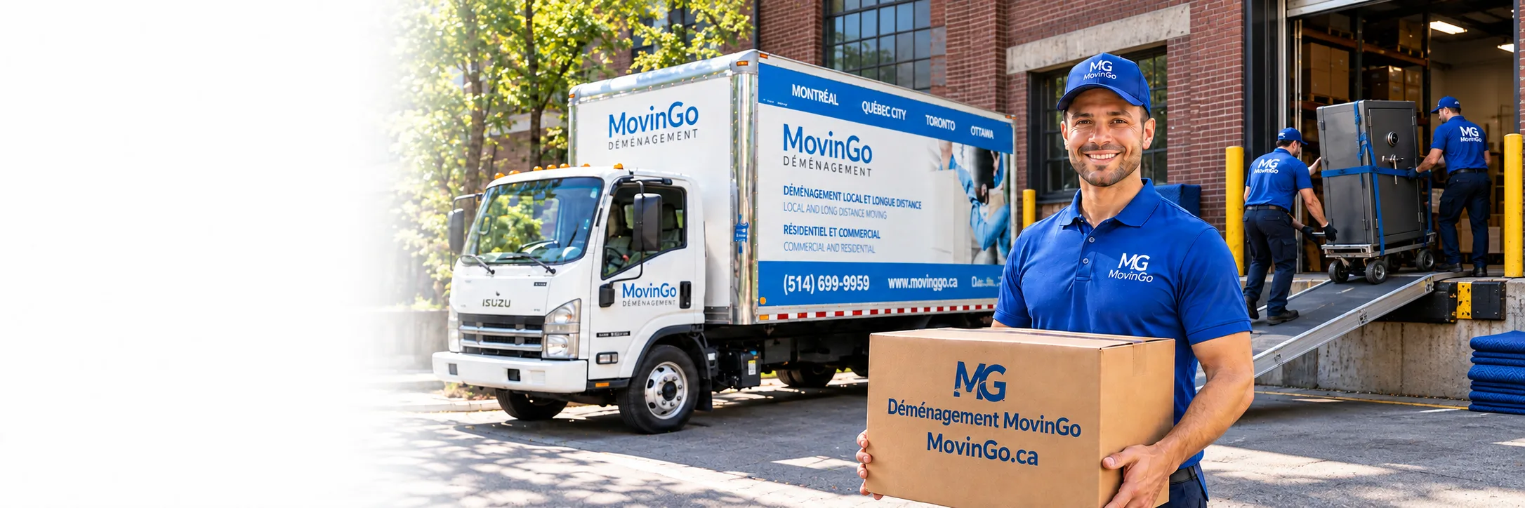 Illustrative image of a MovinGo mover holding a branded box beside the company truck, with a crew moving a safe at a Montreal loading bay