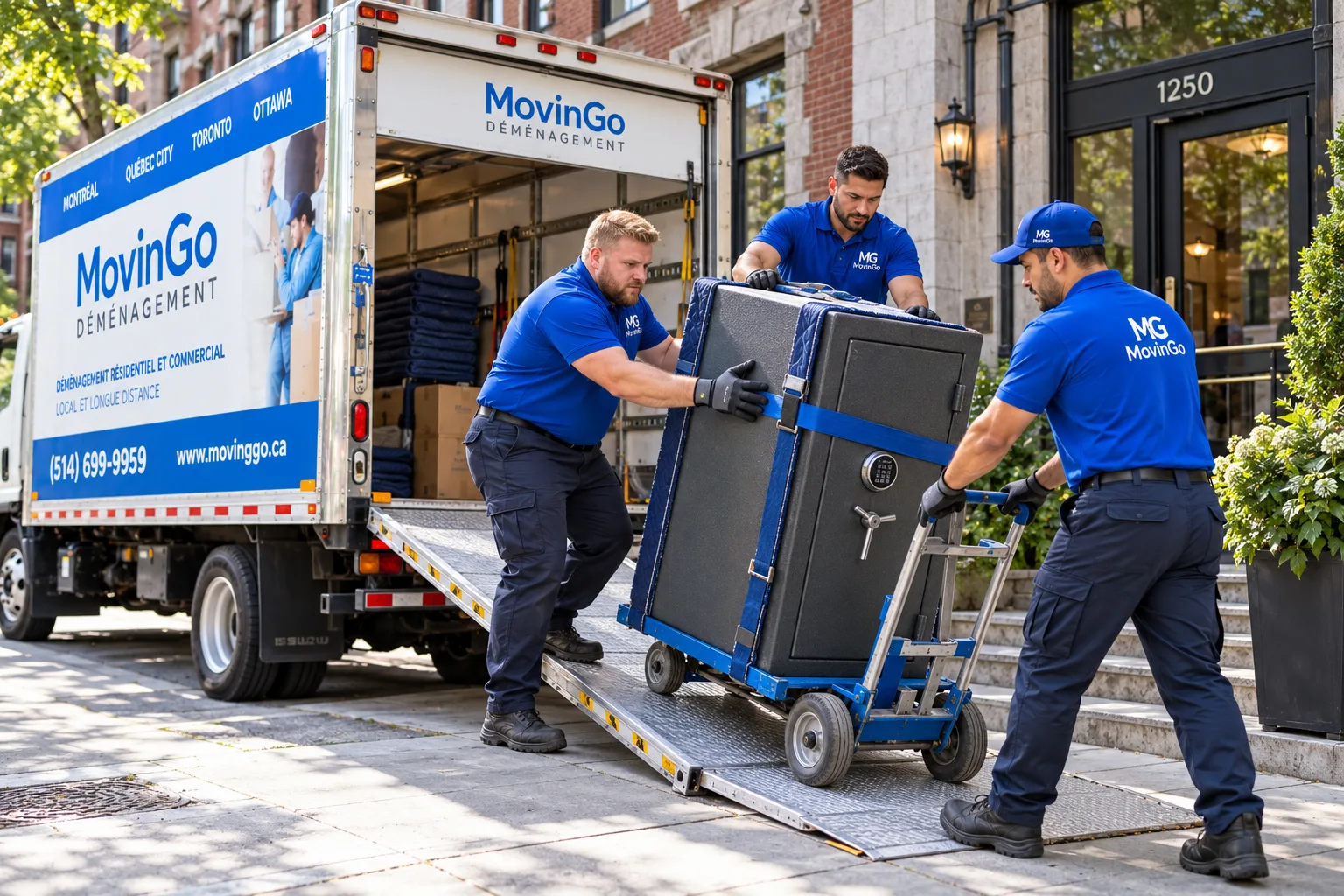 Illustrative image of three uniformed MovinGo movers guiding a protected safe on a dolly beside a branded moving truck in Montreal