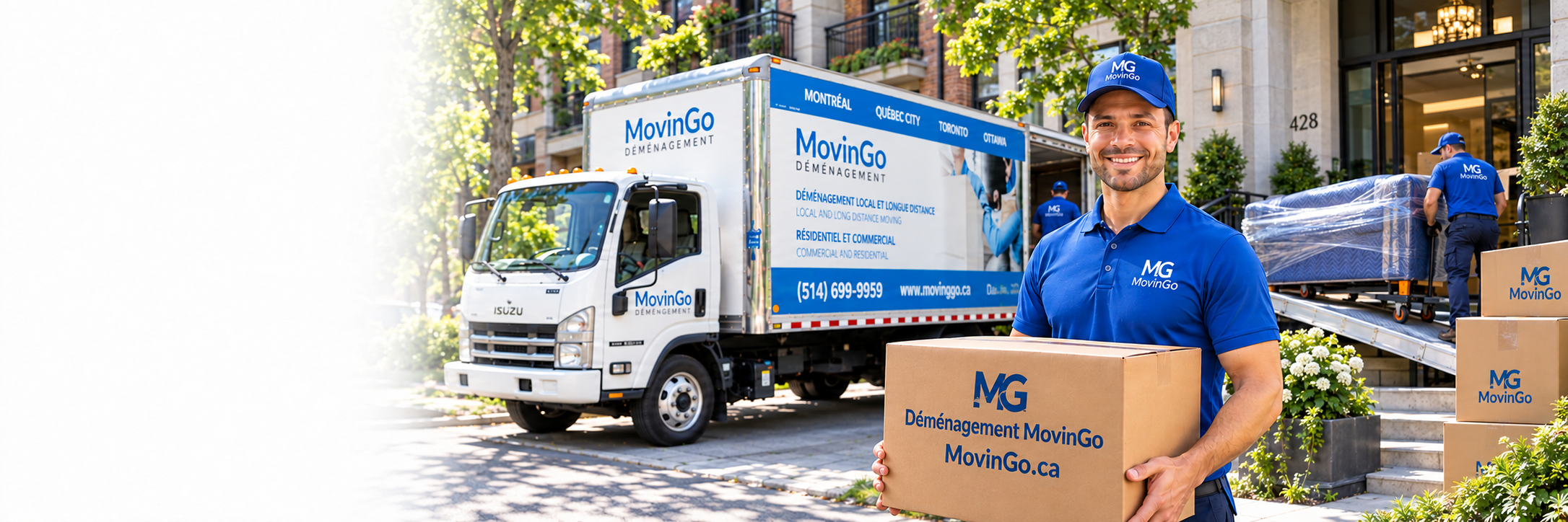 Professionnel MovinGo avec une boîte, un camion et du mobilier protégé à Montréal