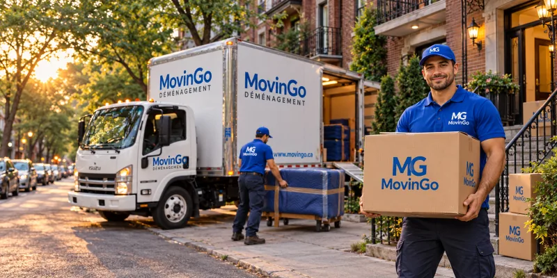 Illustrative scene of a MovinGo mover holding a branded box beside the company truck during a Montreal move