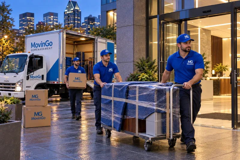 Illustrative scene of MovinGo movers loading protected office furniture beside a branded truck at dusk