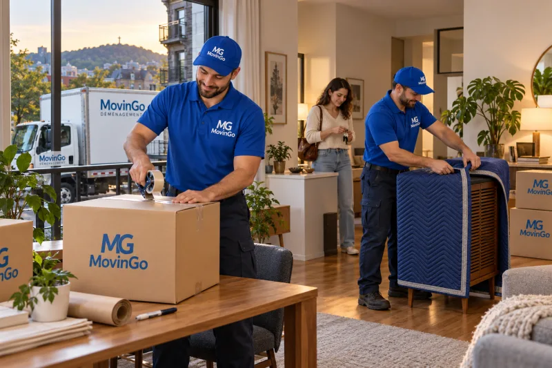 Illustrative scene of MovinGo movers packing cartons and protecting furniture for a short-notice apartment move