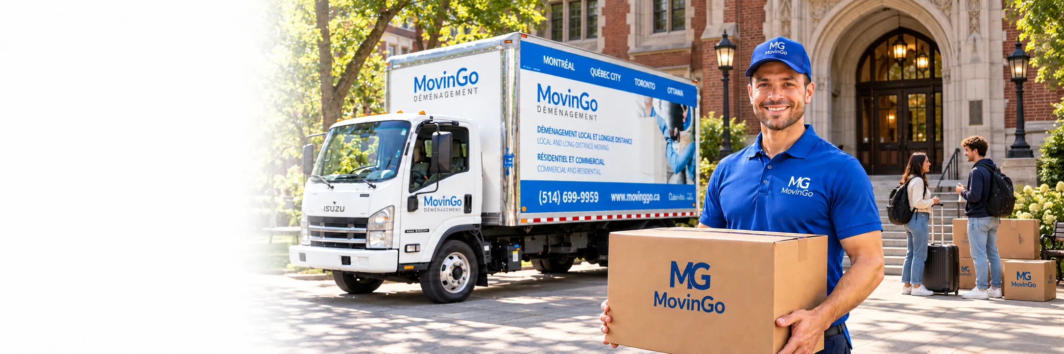 Illustrative image of a MovinGo mover with a branded box and truck outside a college, with two students in the background