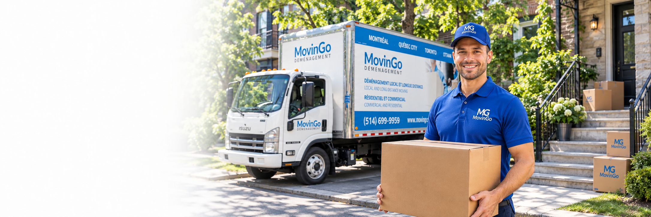 Image retouchée d’un déménageur en uniforme bleu MovinGo portant une boîte devant un camion de la marque dans une rue résidentielle